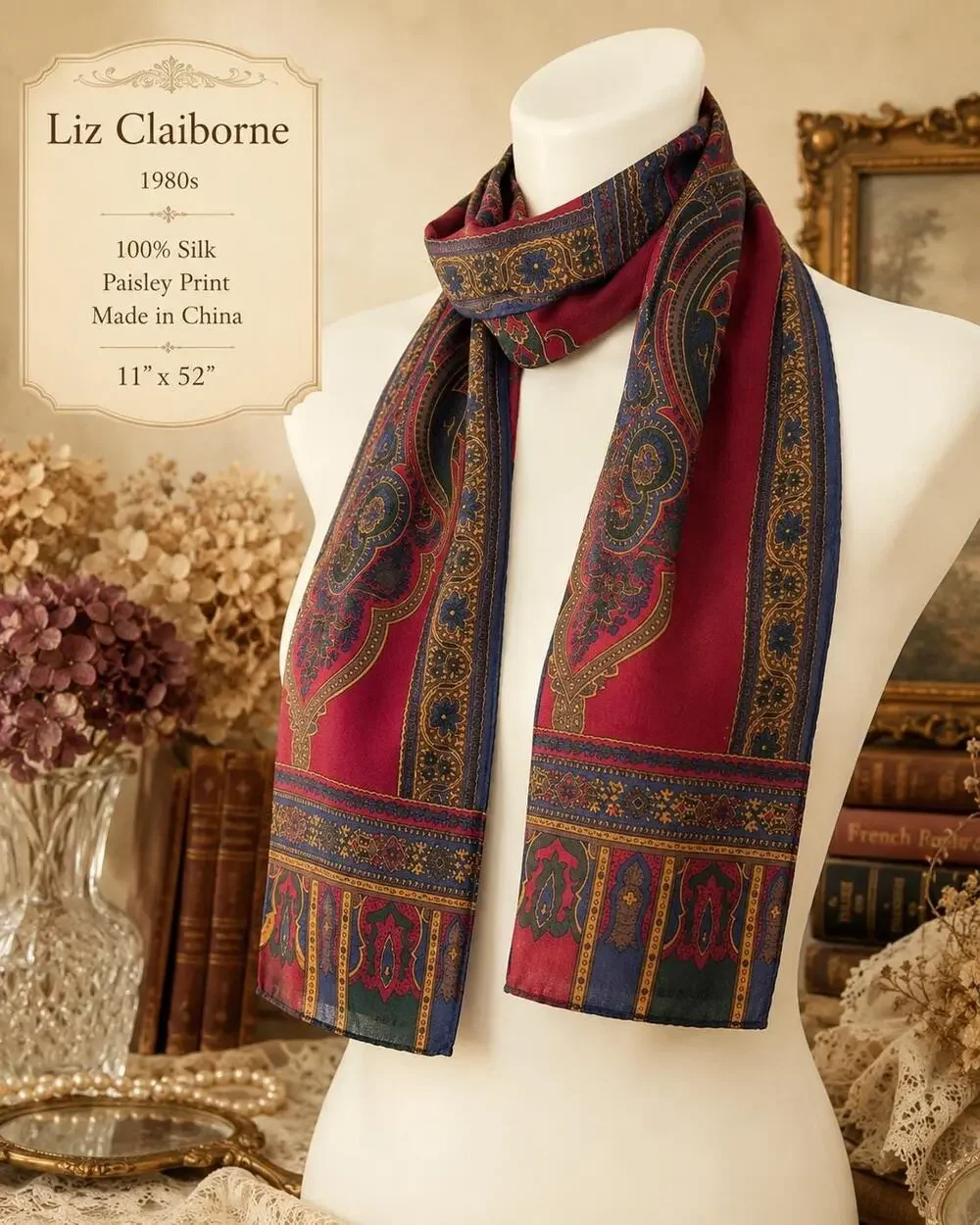 Vintage Liz Claiborne Silk Paisley Scarf 1980s Burgundy Navy Blue Green 11x52